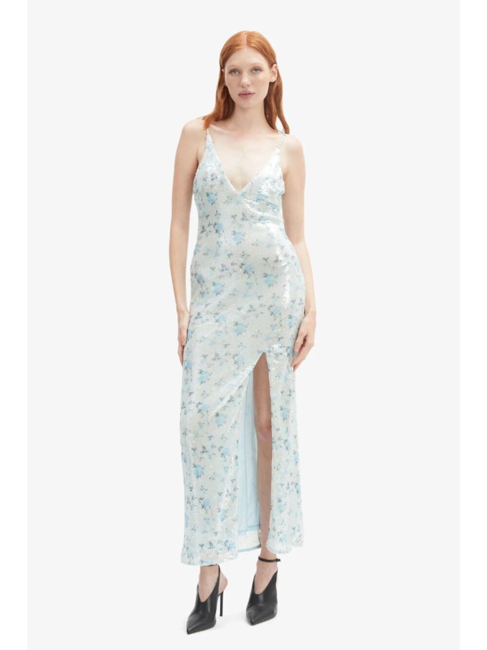 NWT Bardot Lois Sequin Maxi Dress In Baby Blue Floral Sz XL 10 DeepV Open Back
